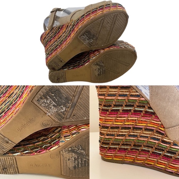 Bakers Tan Peep Toe Buckle Rainbow Basket Weave Style Wedges Women’s 7.5 Slim - Picture 8 of 16